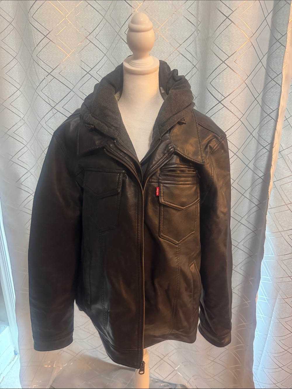Levi's Black Leather Bomber Jacket with Hooded Insert
